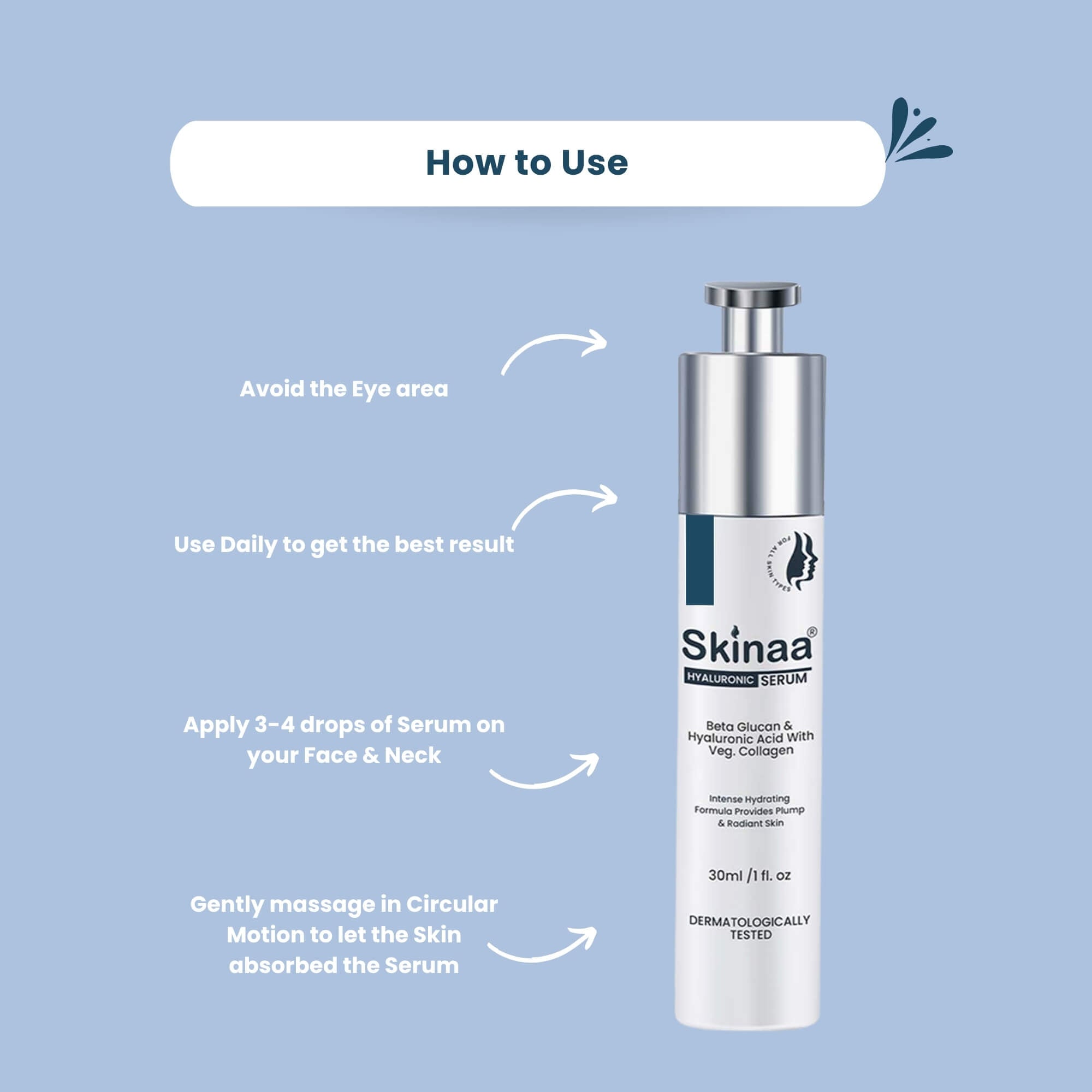 How to use Skinaa Hyaluronic Serum – avoid the eye area, apply 3-4 drops on face and neck, gently massage in circular motion, and use daily for best hydration results